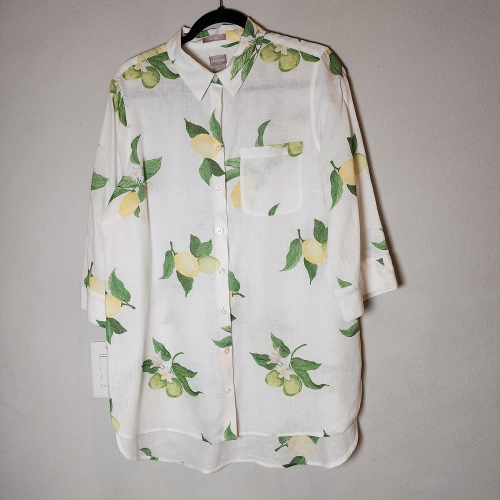 Chico's 100% Linen Lemon Print 3/4 Sleeve Button Up Collared Shirt Size 12/14 L